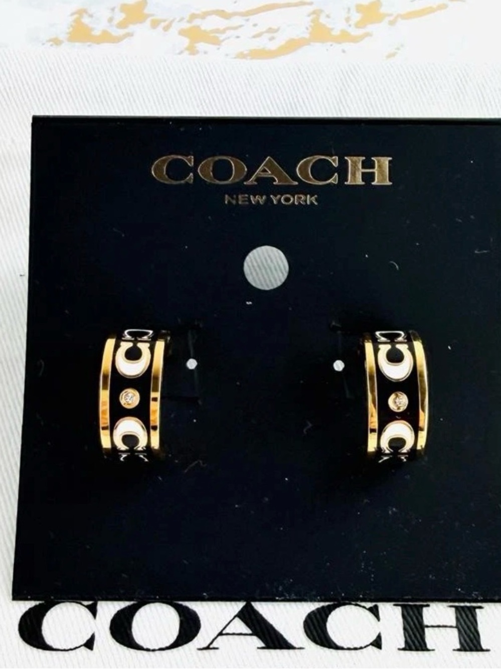 Coach Gold Hoop Earrings with Black Enamel Signature Accents